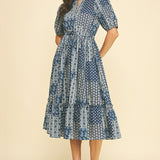 Navy Pretty-Print Cotton Midi Dress