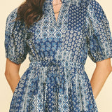 Navy Pretty-Print Cotton Midi Dress