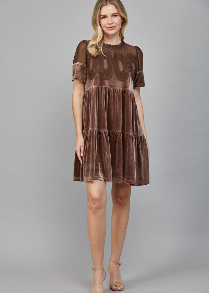 Brown Velvet Dress with Sheer Mesh Panel