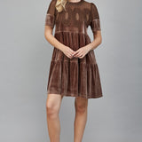 Brown Velvet Dress with Sheer Mesh Panel