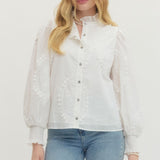 L/S White Top w/Tonal Embroidery and High Collar