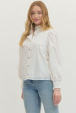 L/S White Top w/Tonal Embroidery and High Collar