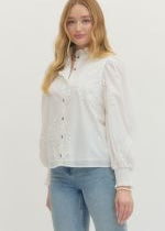 L/S White Top w/Tonal Embroidery and High Collar