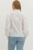 L/S White Top w/Tonal Embroidery and High Collar