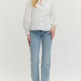 L/S White Top w/Tonal Embroidery and High Collar
