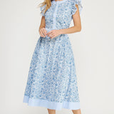 Blue Printed Contrast Striped Midi Dress