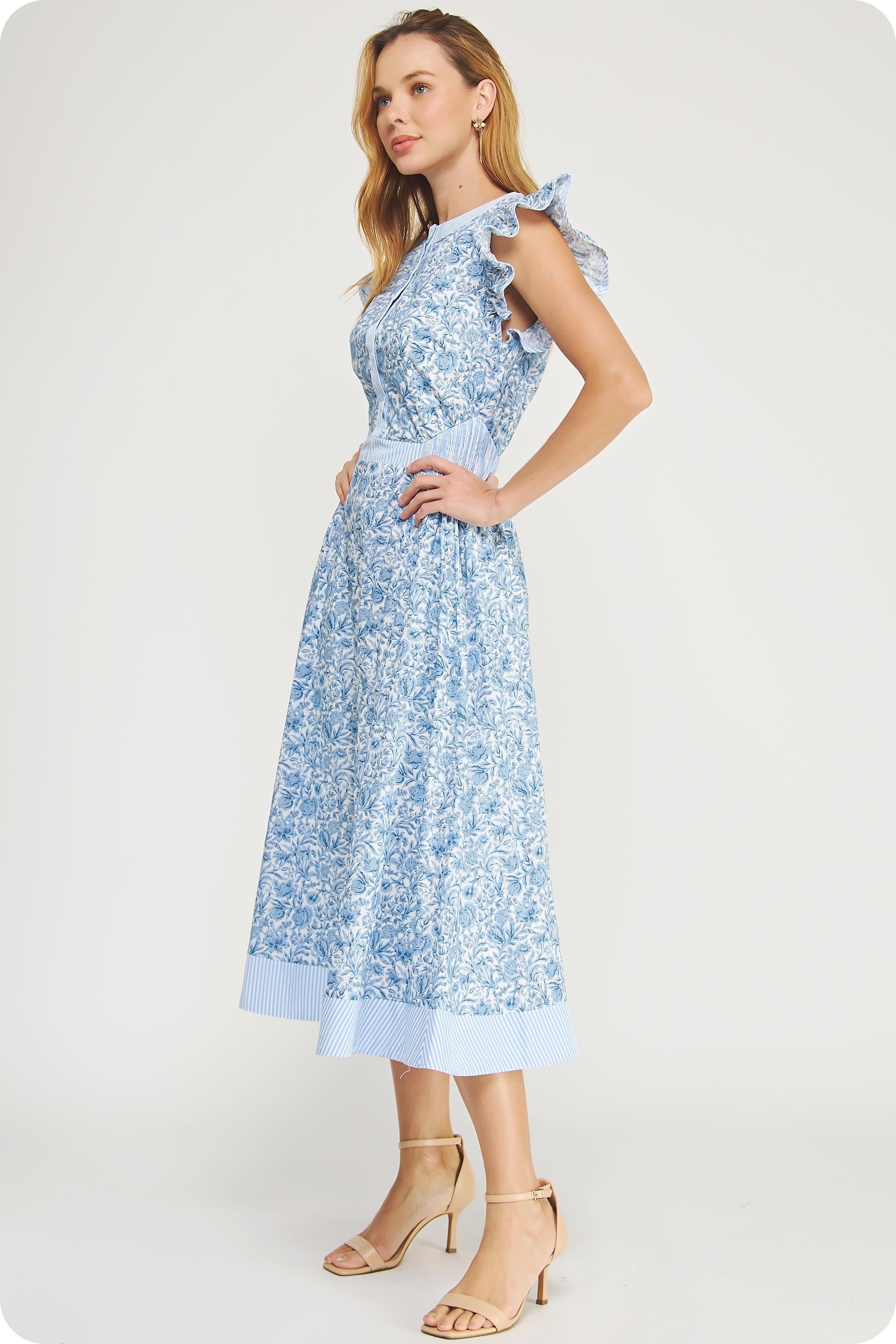 blue patterned midi dress Good Intentions Navy Blue Floral Midi Dress, Large - The Mint Julep Boutique