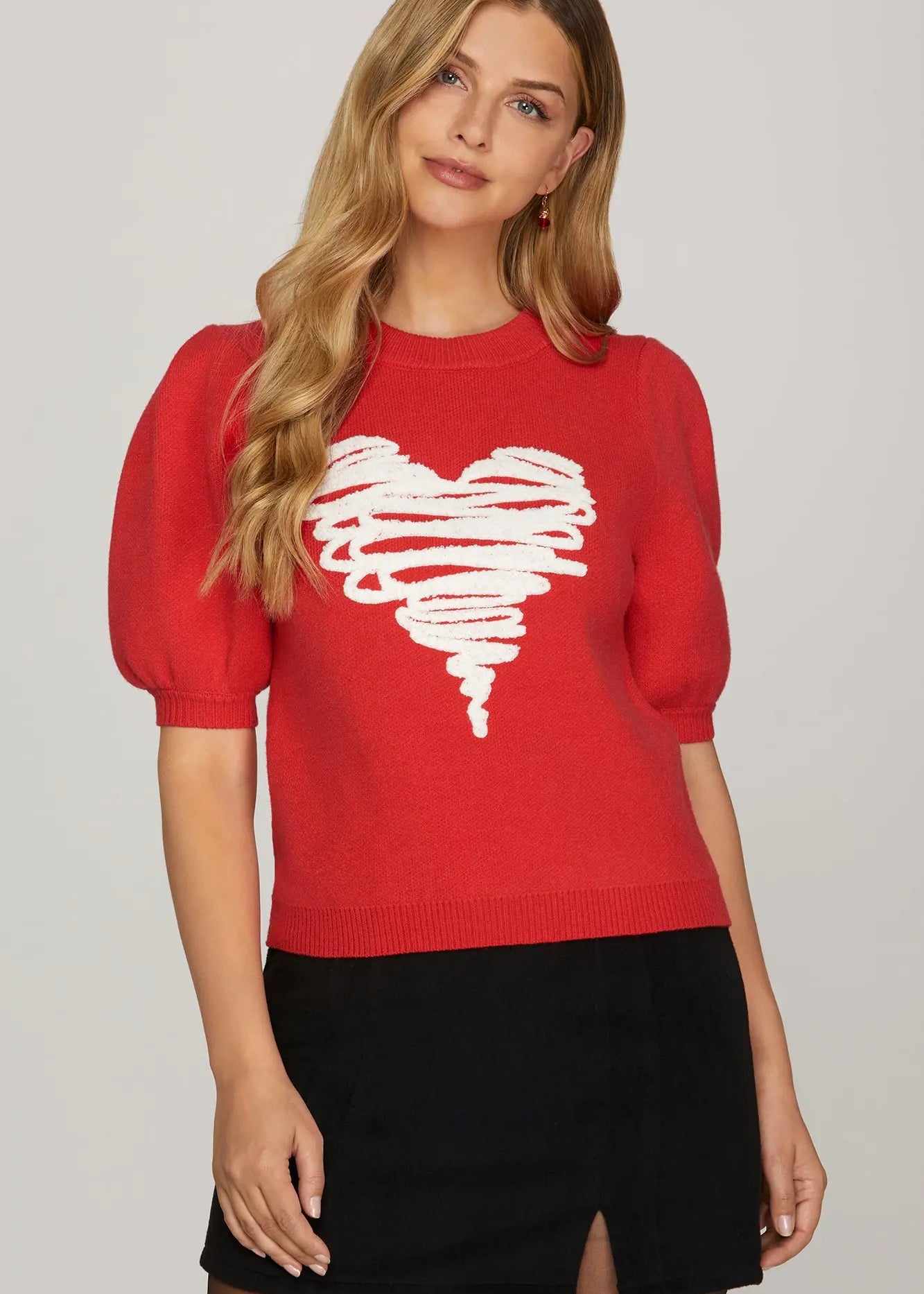 S/S Chenille Heart Sweater - Red