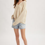 Notch Neck Open Knit Sweater - Natural