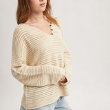 Notch Neck Open Knit Sweater - Natural