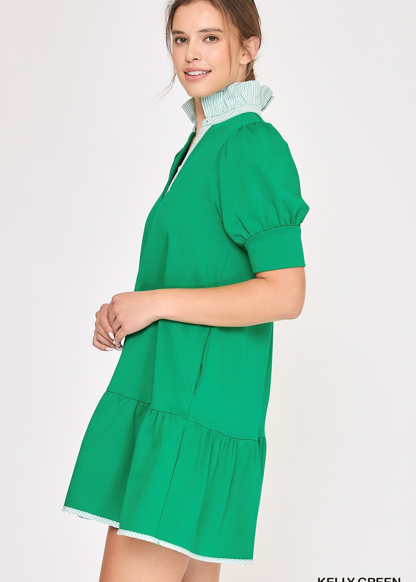 Kelly Green Short Knit Dress w/High Ruffle Neck