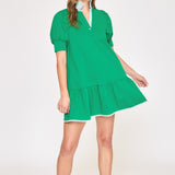 Kelly Green Short Knit Dress w/High Ruffle Neck