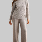 Light Mocha cable knit sweater and wide leg pant two-piece set