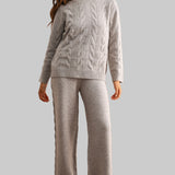Light Mocha cable knit sweater and wide leg pant two-piece set