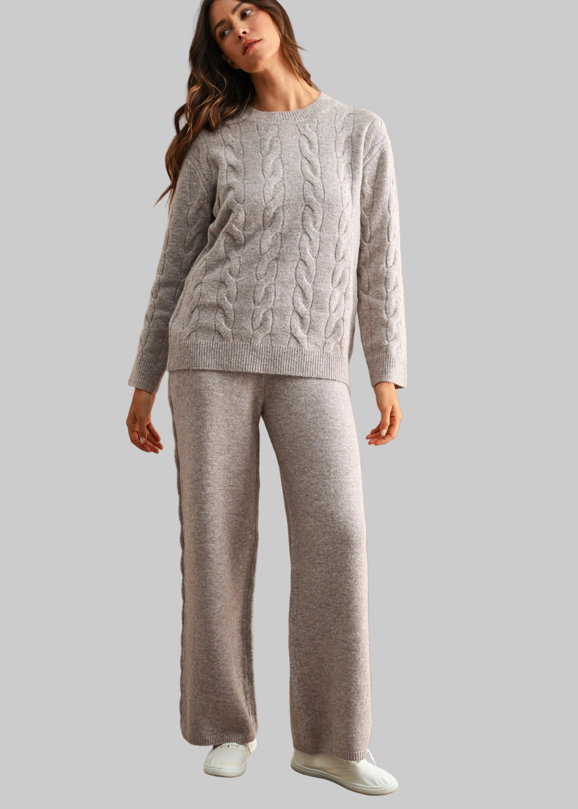 Light Mocha cable knit sweater and wide leg pant two-piece set