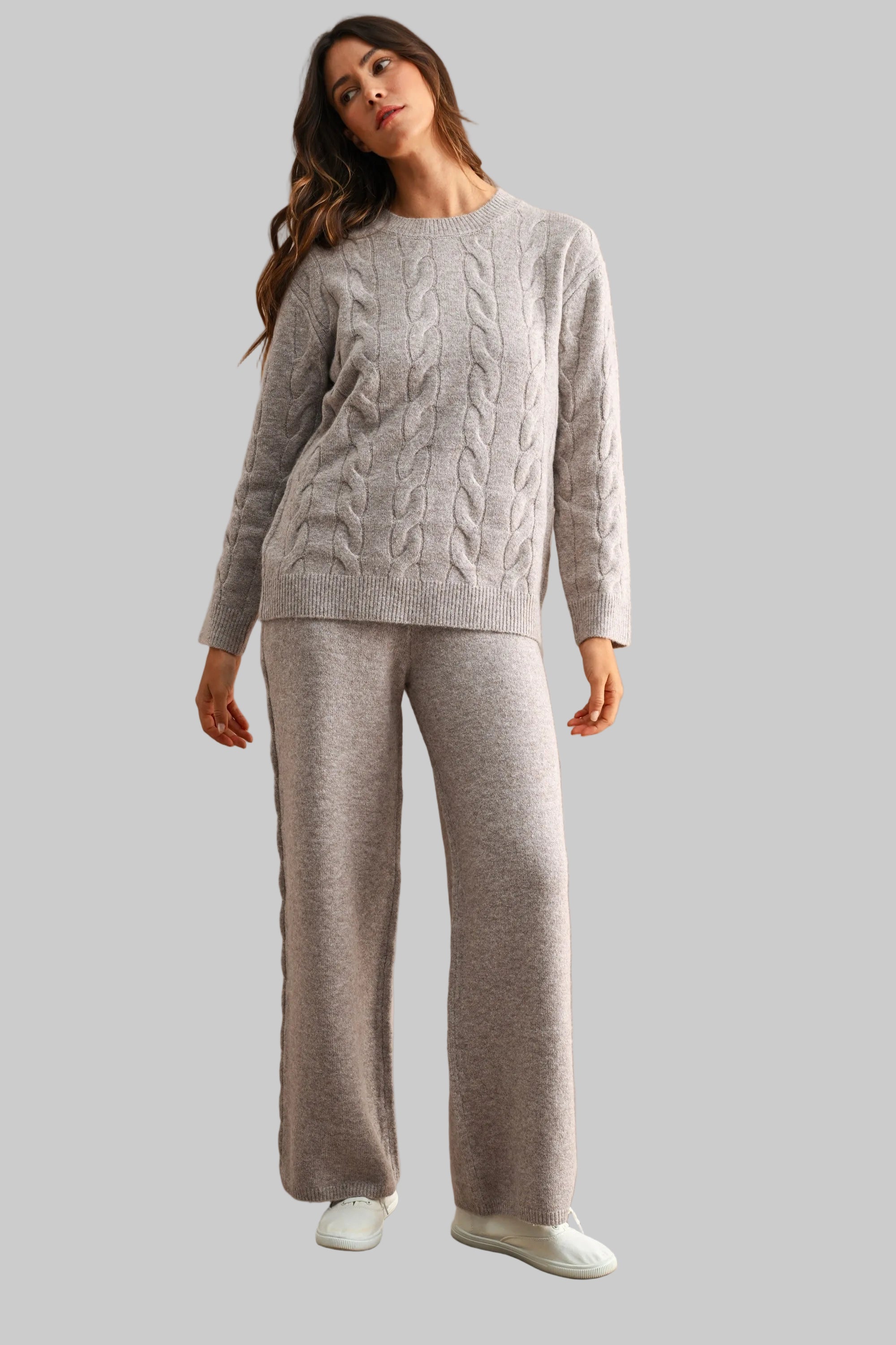 Light Mocha cable knit sweater and wide leg pant two-piece set