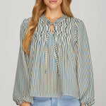 Long sleeve blue stripe woven top with tie