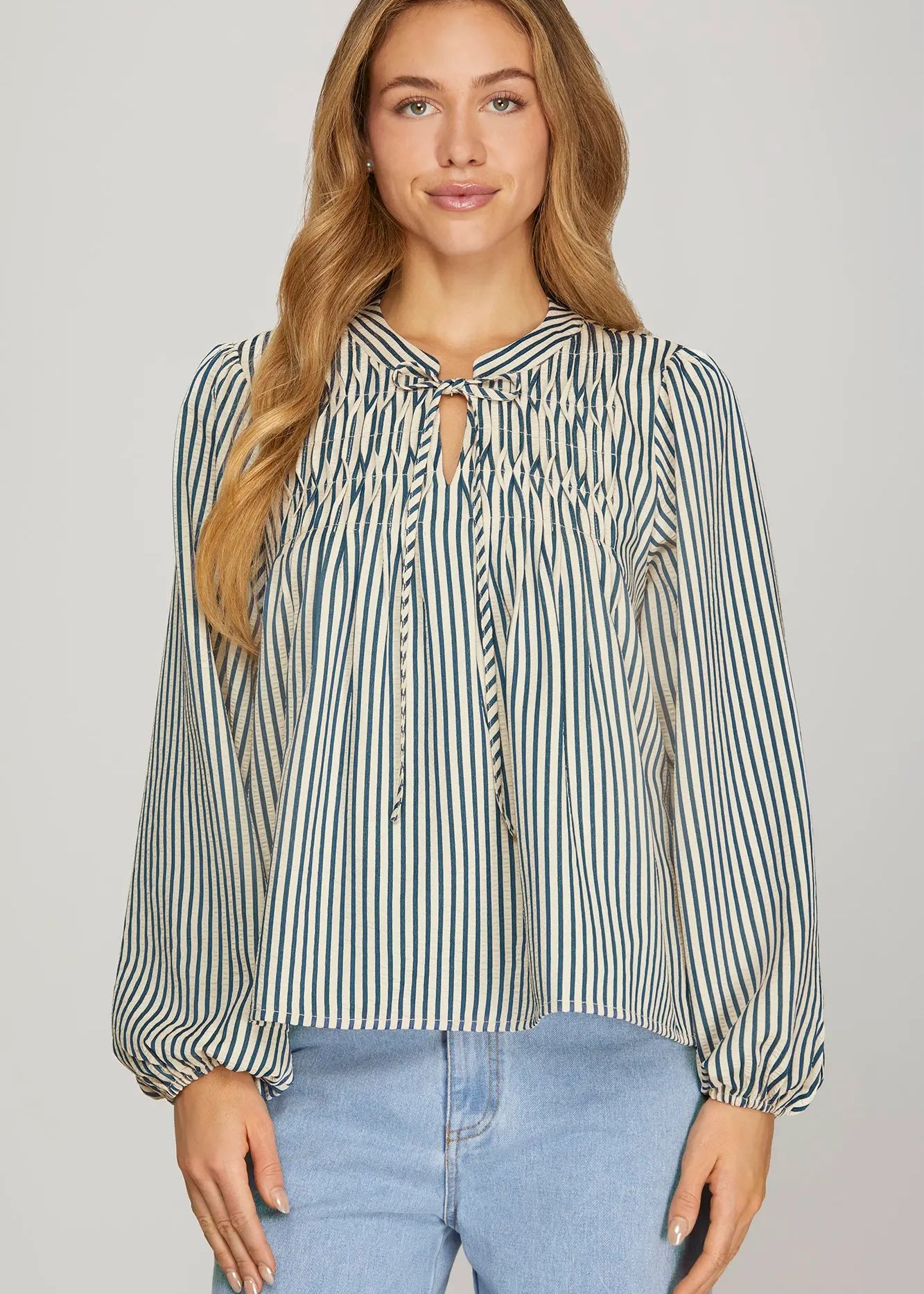 Long sleeve blue stripe woven top with tie