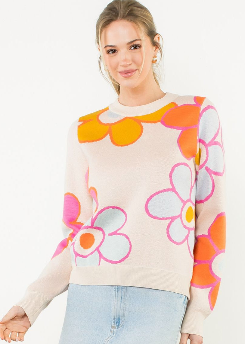 Long sleeve cream sweater with bright flowers