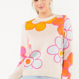 Long sleeve cream sweater with bright flowers