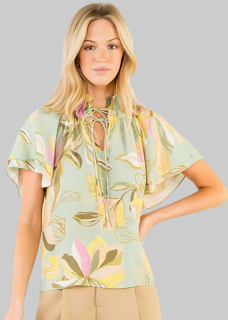 Mint floral blouse with flutter sleeves