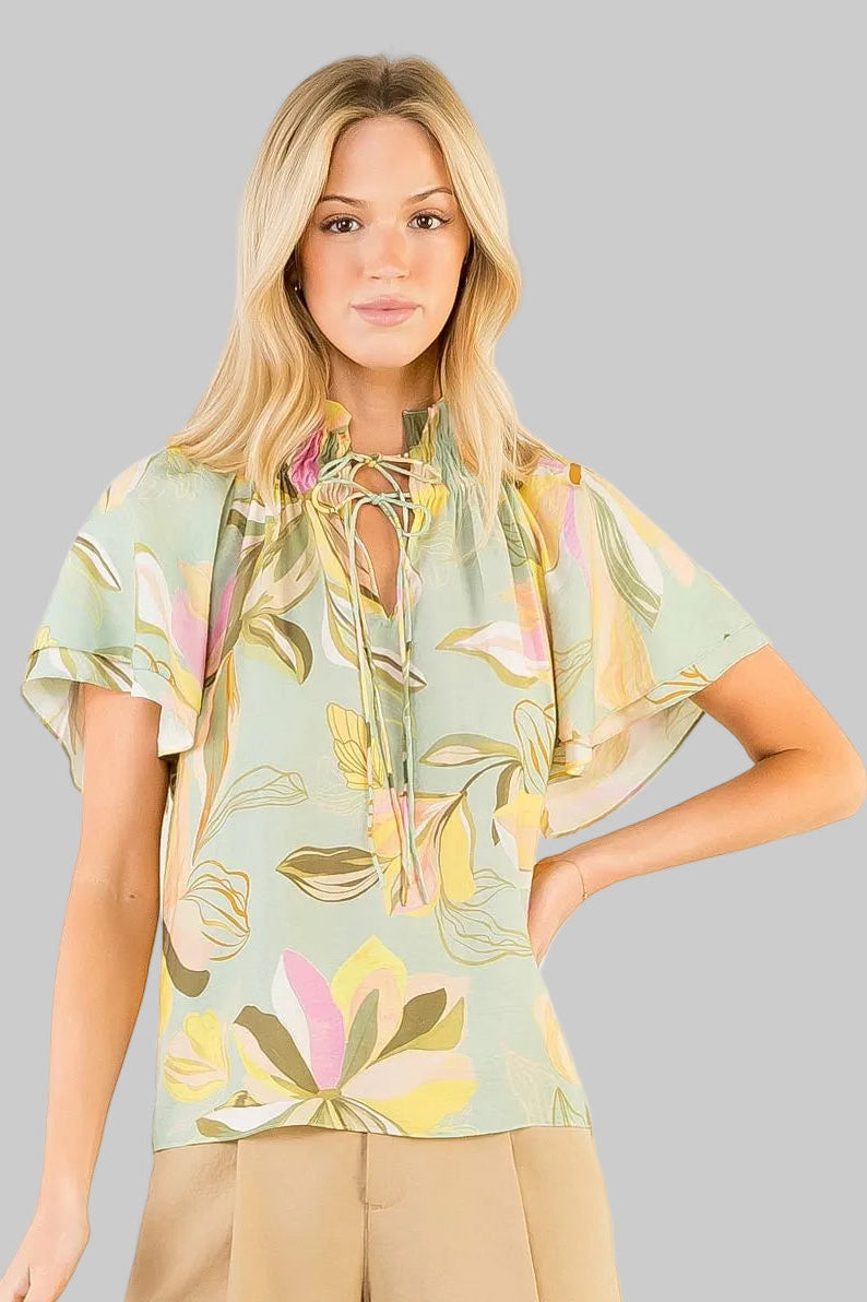 Mint floral blouse with flutter sleeves