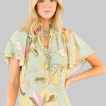 Mint floral blouse with flutter sleeves