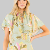 Mint floral blouse with flutter sleeves
