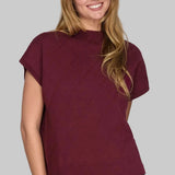 Mock neck, short-sleeve knit sweater in wine with diamond pattern