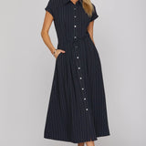 Navy Striped midi dress with drawstring waist