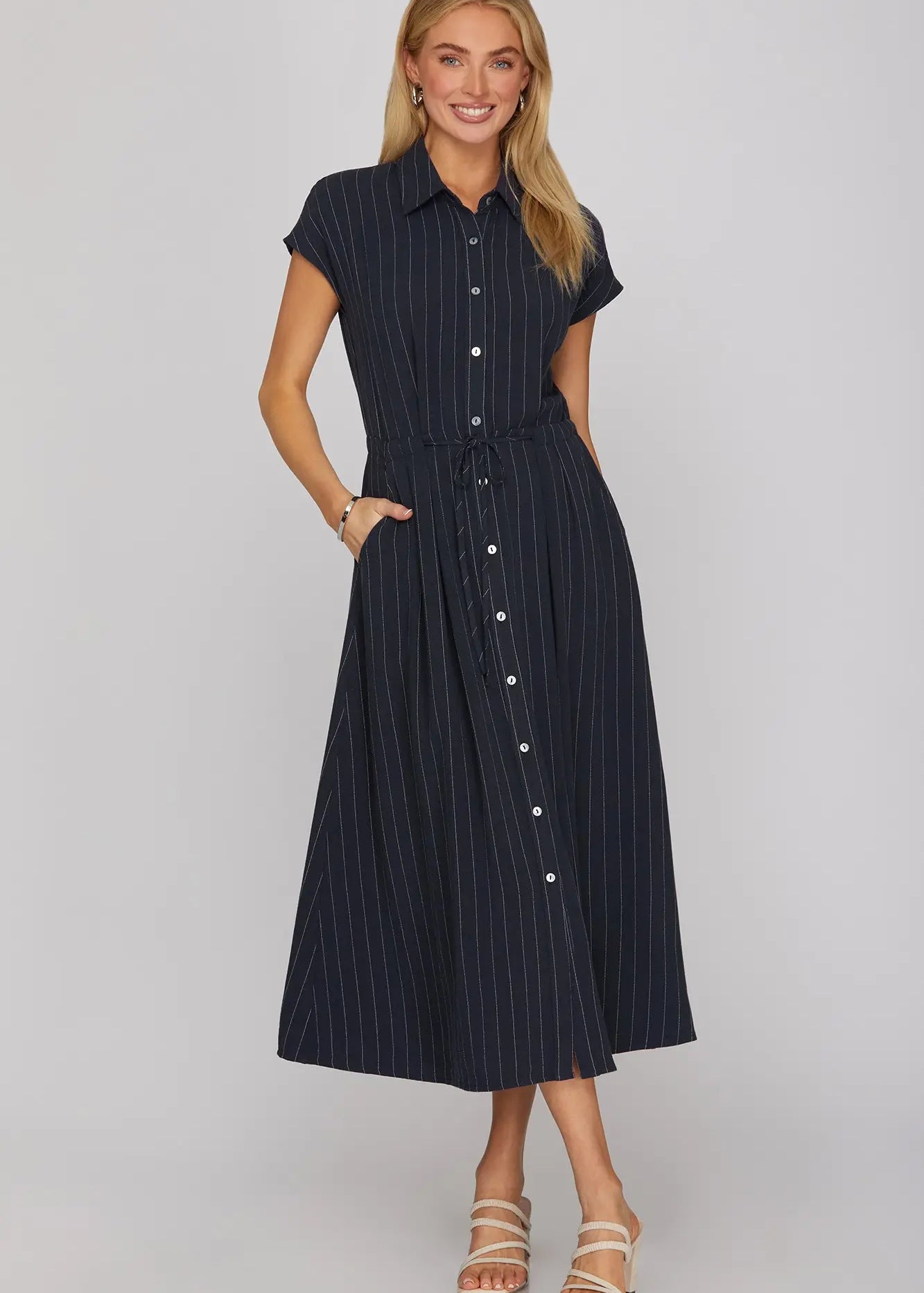 Navy Striped midi dress with drawstring waist