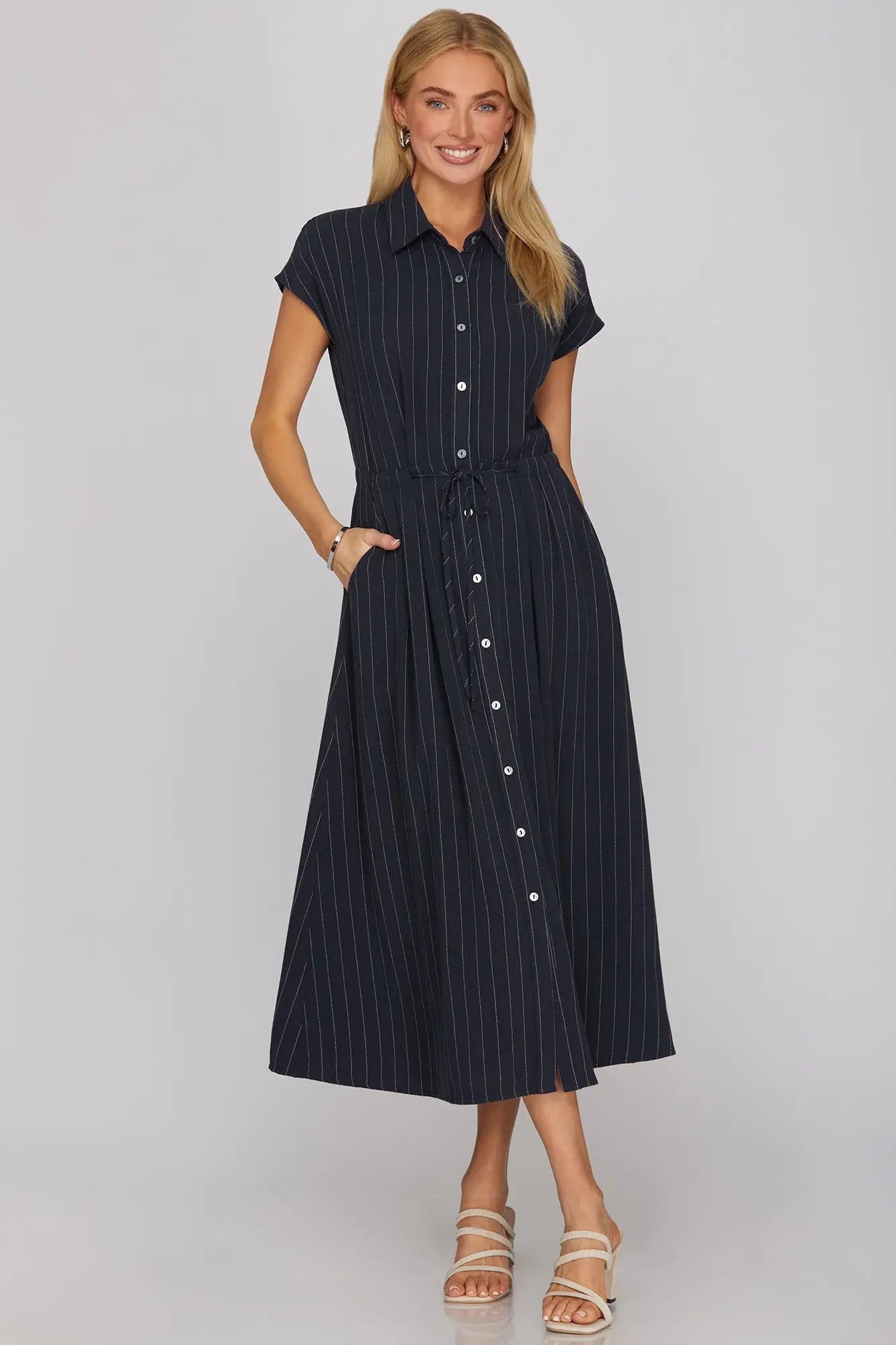 Navy Striped midi dress with drawstring waist
