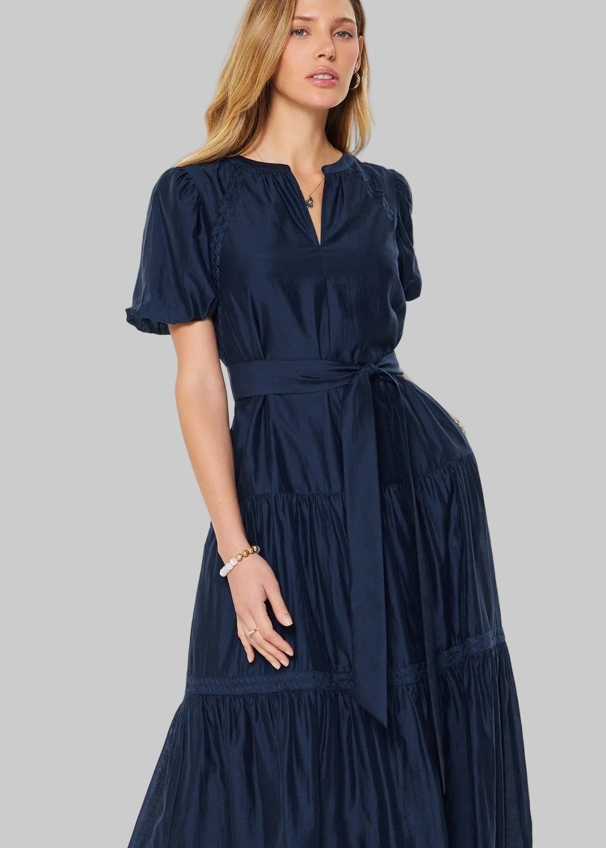 Navy, tiered skirt, midi dress with short sleeves