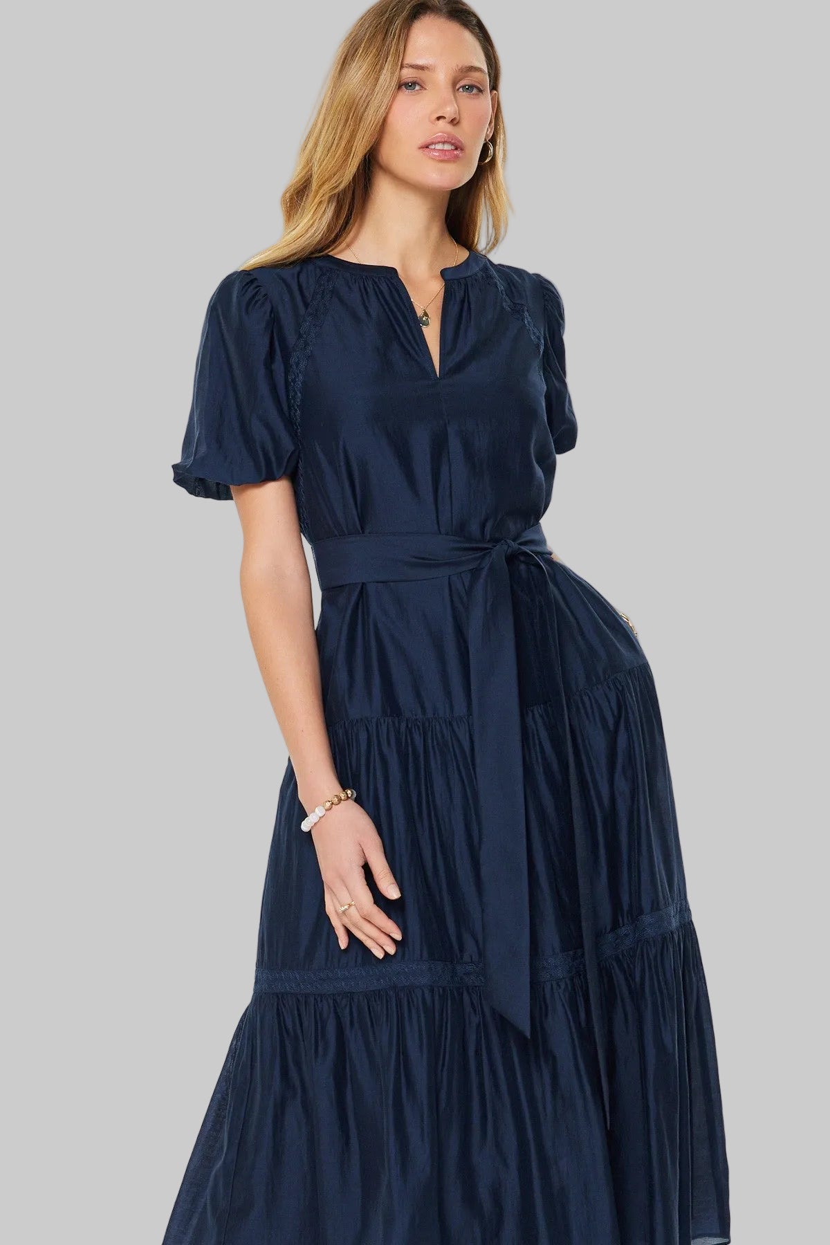Puff Sleeve Split Neck Navy Midi Dress