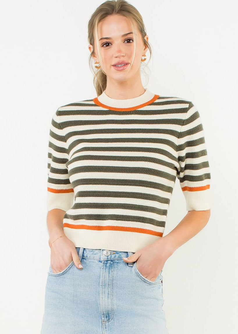 Olive and cream stripe short sleeved sweater
