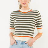 Olive and cream stripe short sleeved sweater
