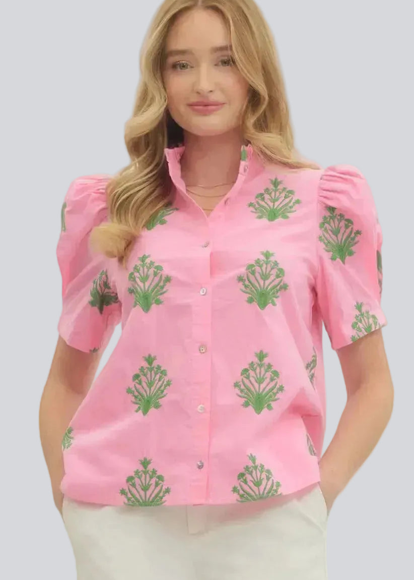Pink Button Front Top with Green Embroidery