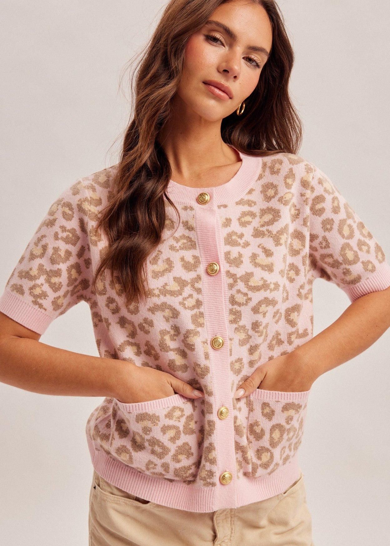 Pink s/s button front leopard sweater