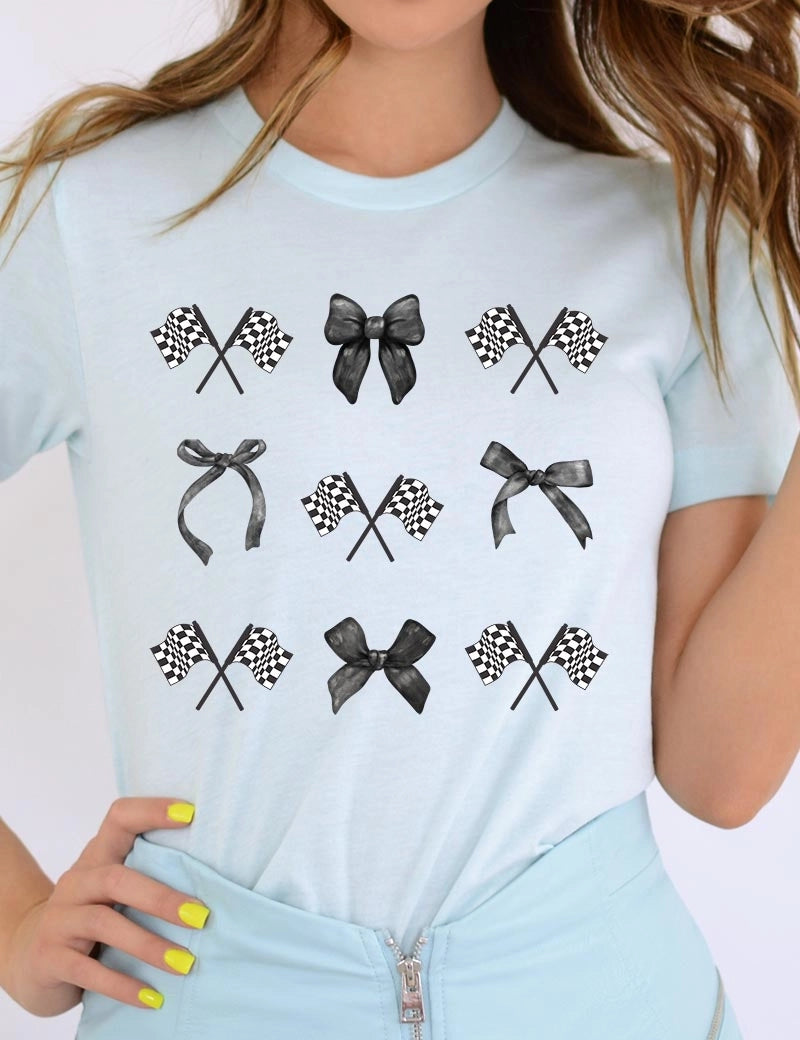 Race day tee with checkered flags and bows