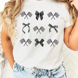 Race t-shirt with graphic bows and flags on White