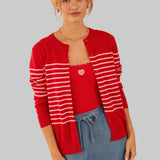 Red Cardigan Sweater with Pink Stripes