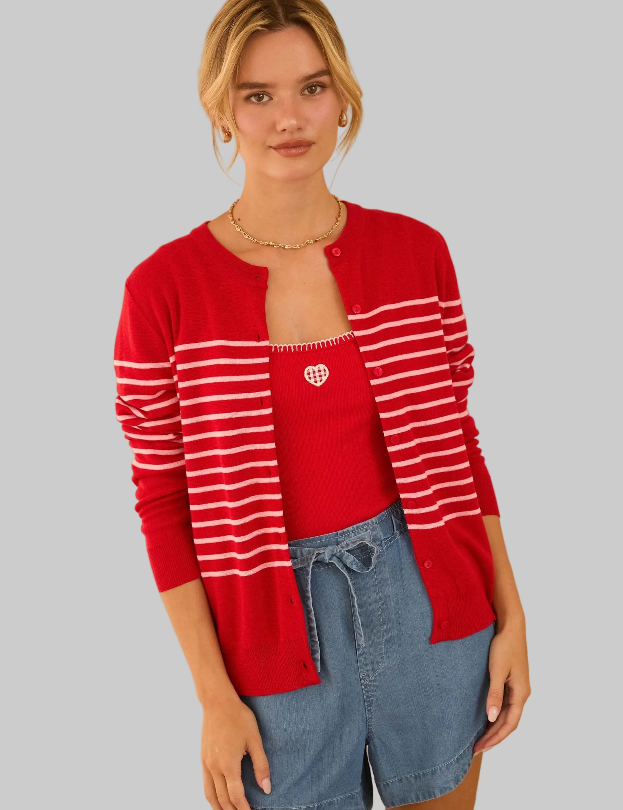 Red Cardigan Sweater with Pink Stripes