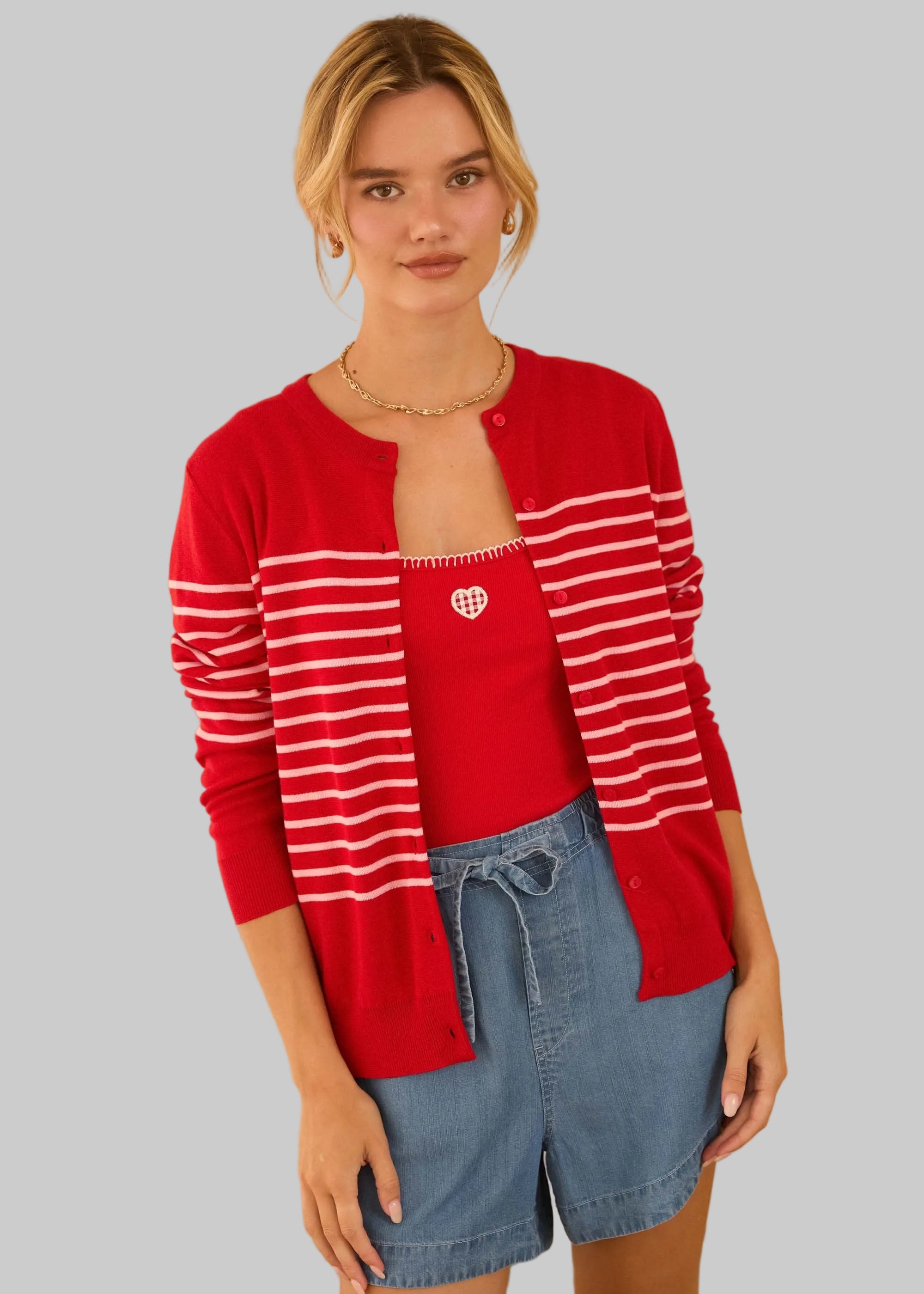 Red Cardigan Sweater with Pink Stripes