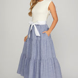 Knit Top w/Woven Stripe Blue Skirt