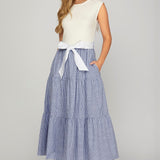 Knit Top w/Woven Stripe Blue Skirt