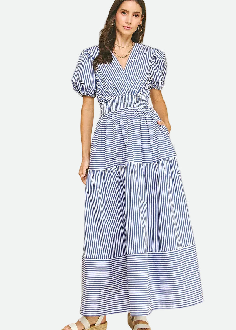 Blue Printed Contrast Striped Midi Dress tangerine cards & gifts Blue Printed Contrast Striped Midi Dress tangerine cards & gifts