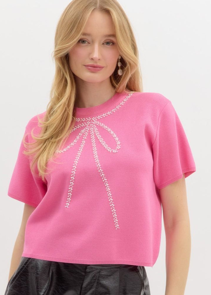 S/S Pink Beaded Bow Sweater
