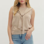 Sleeveless Oatmeal sweater with faux Tie