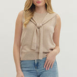 Sleeveless Oatmeal sweater with faux Tie
