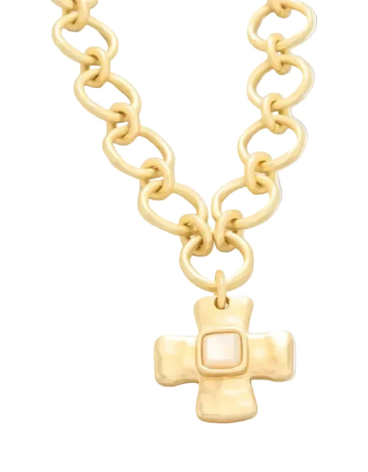 Spartina Gold Plated Chunky Chain Cross Necklace  with Mother of pear center